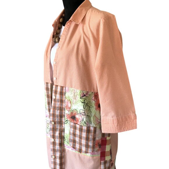 Patchwork Duster, Size L: Upcycled Boho Button-Down Dress, Orange Gingham - Picture 10 of 14